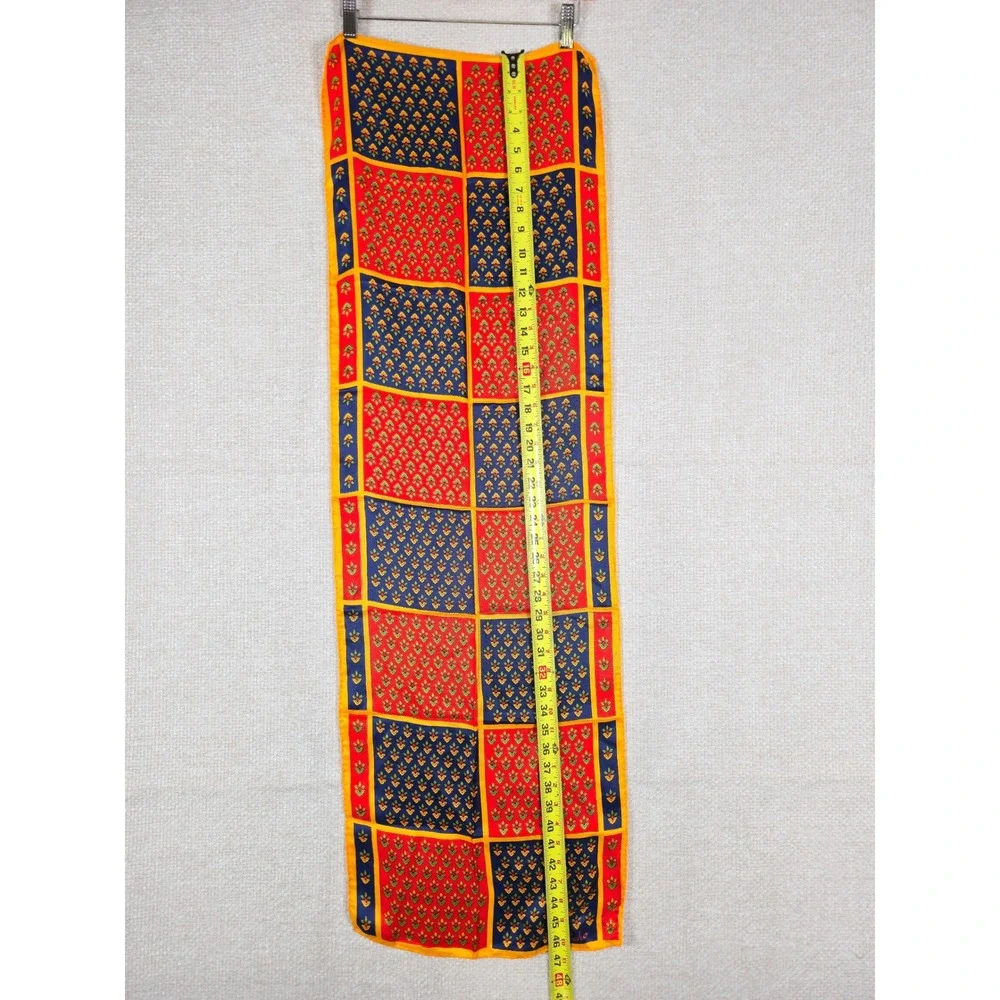 Echo Vintage 100% Pure Silk Scarf Red Navy Blue Yellow Floral Grid Made in Japan